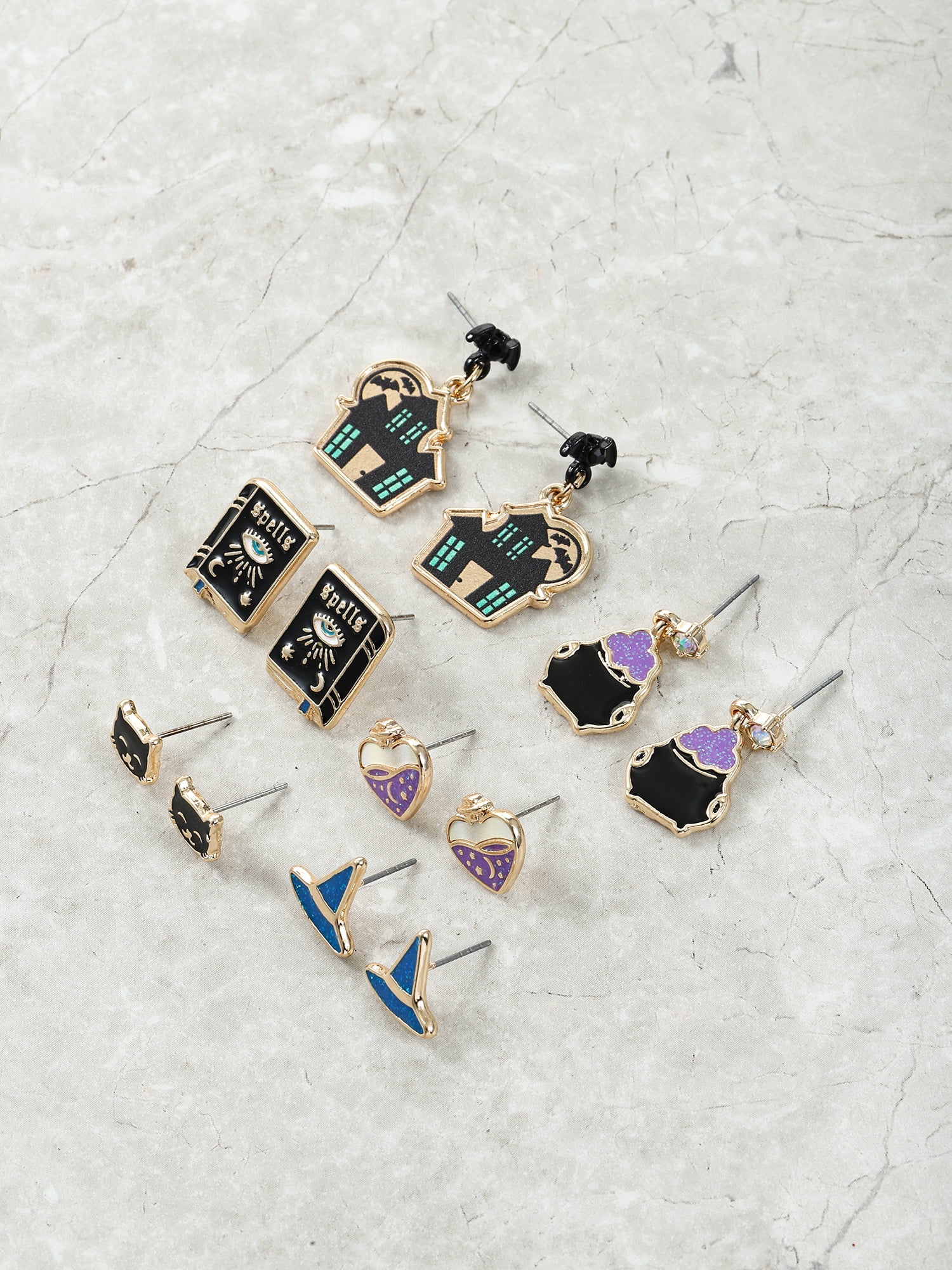 Way to Celebrate Halloween Motif Earrings, Multicolored, Goldtone, 6 Pairs, Female