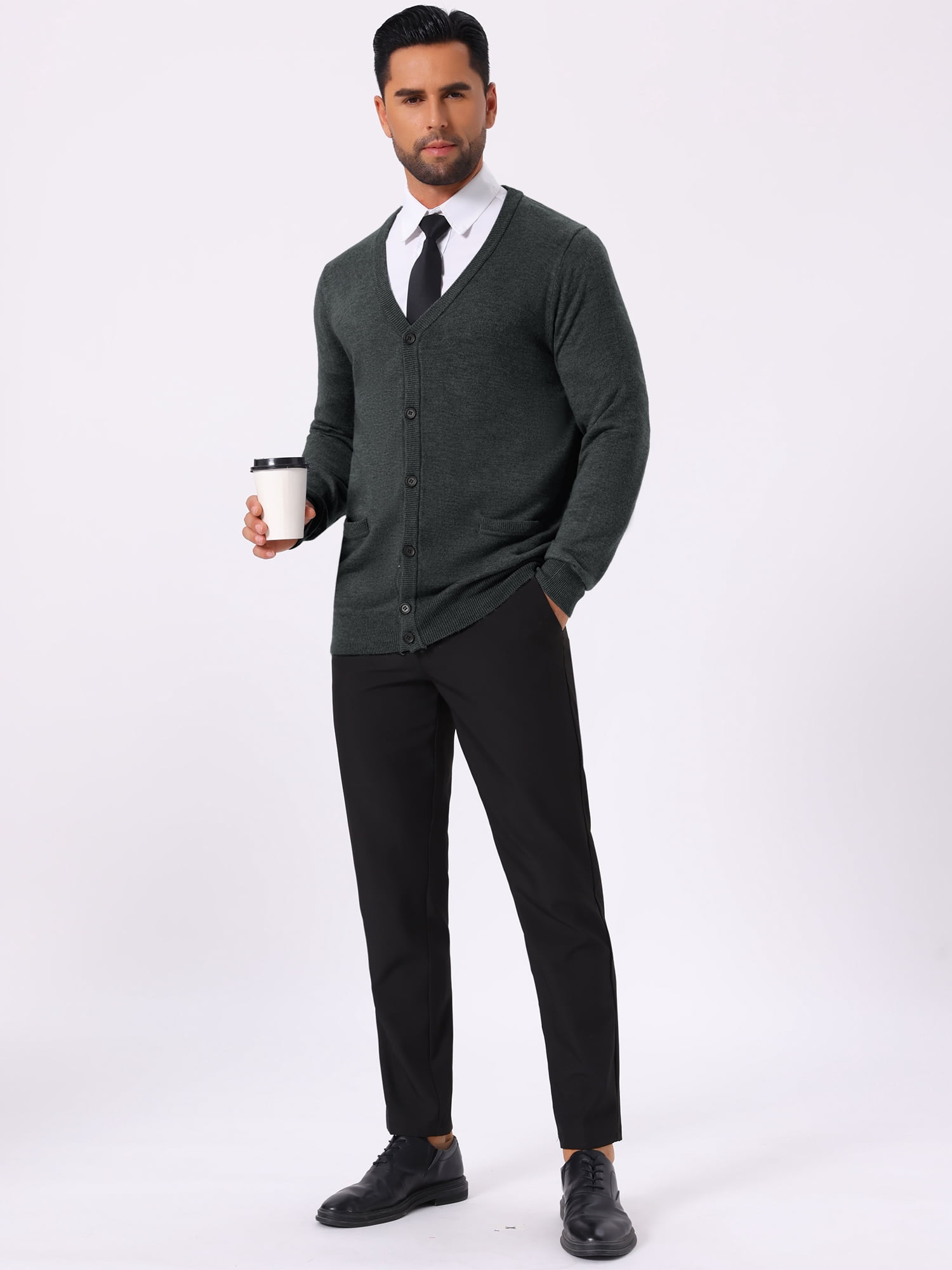 DARING DIVA Men's V Neck Long Sleeved Button Down Knit Sweater with Pockets M Dark Gray