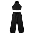 thumbnail image 4 of Women's 2 Piece Outfit Textured Crinkle Fabric Halter Sleeveless Crop Top Drawstring Wide Leg Pants Summer Vacation Casual Matching Set Black, 4 of 6