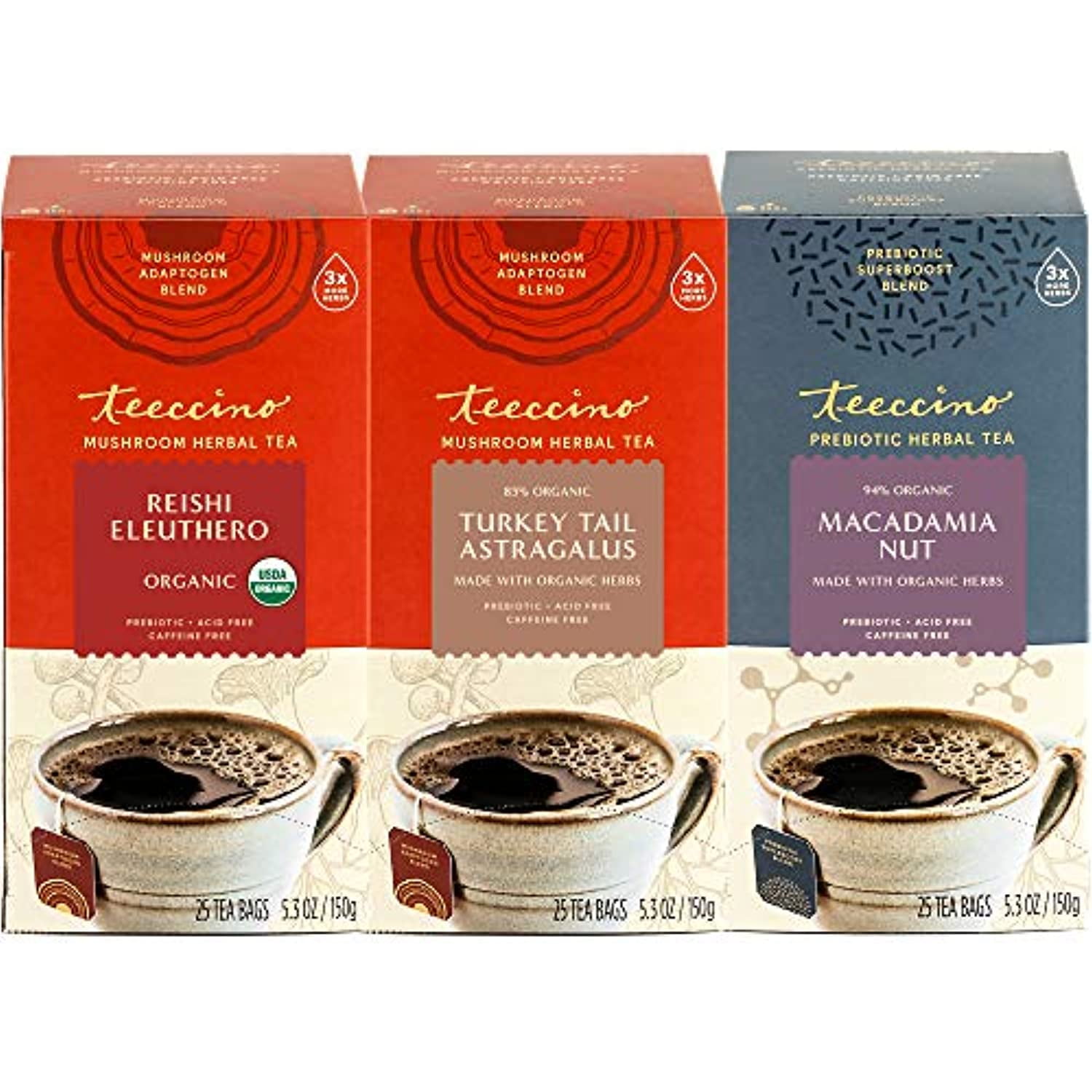 Teeccino Wellness Tea Variety Pack Reishi Eleuthero, Turkey Tail