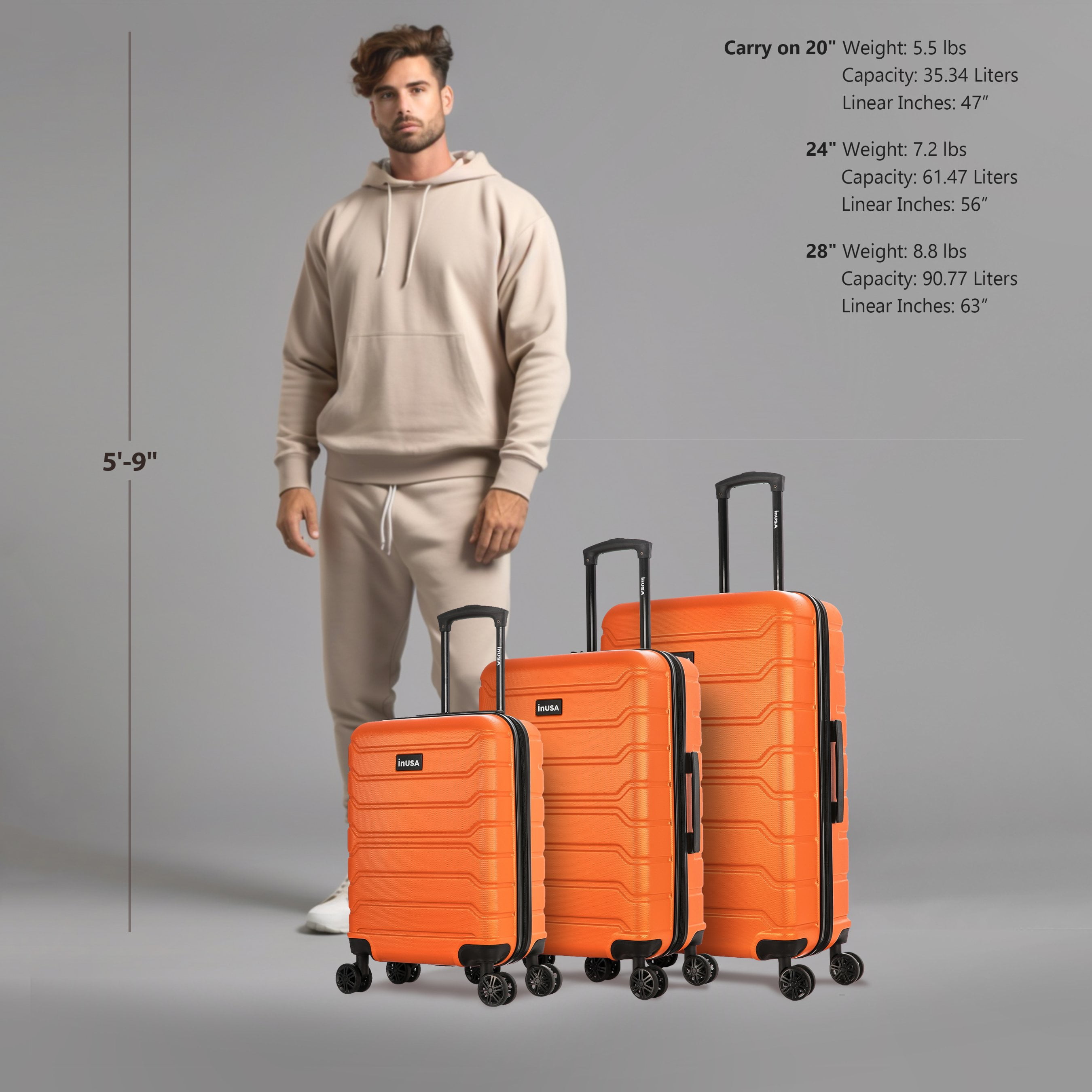 InUSA Trend 3-Piece Hardside Luggage Sets with Spinner Wheels, Handle, Trolley, (20"/24"/28"), Orange