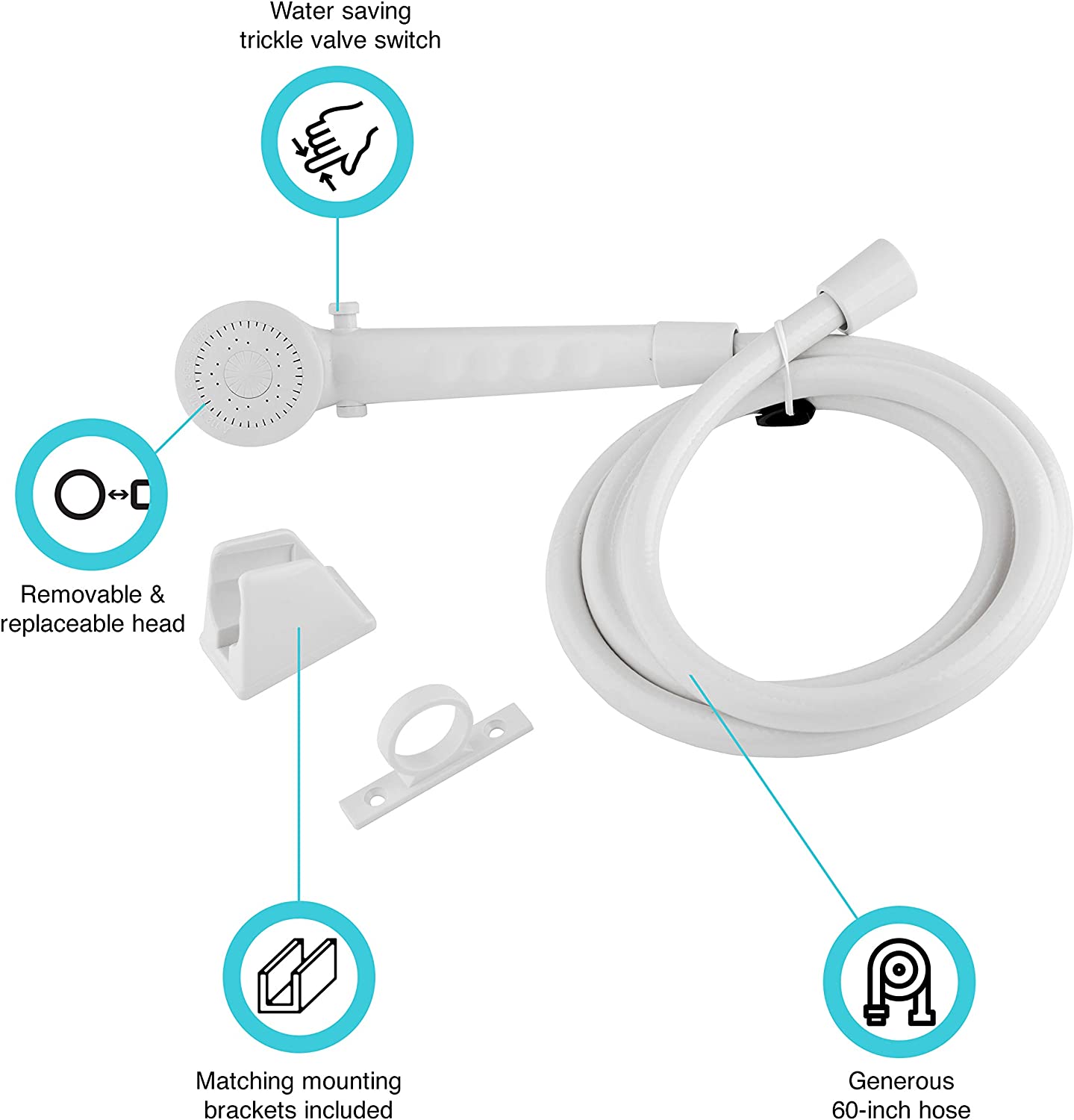 Dura Faucet DF-SA130-WT RV High Pressure Shower Head and 60-inch Hose Kit - Water-Saving Trickle Switch (White)