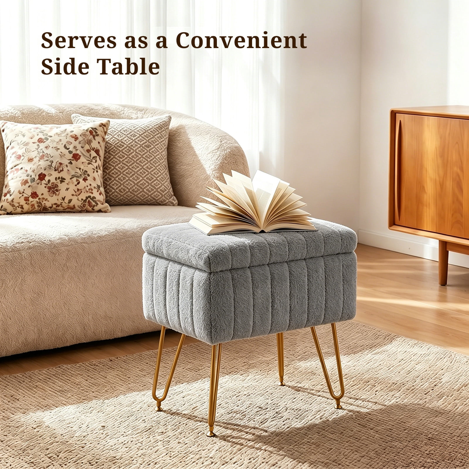 Casabay Vanity Stool Chair with Storage, Faux Fur Footstool Ottoman with Metal Legs & Anti-Slip Adjustable Feet for Bedroom, Entryway