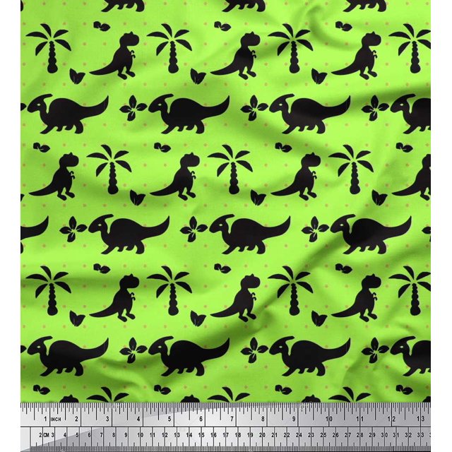 Soimoi Rayon Crepe Fabric Dot,Tree & Dinosaur Jungle Print Fabric by the Yard 46 Inch Wide