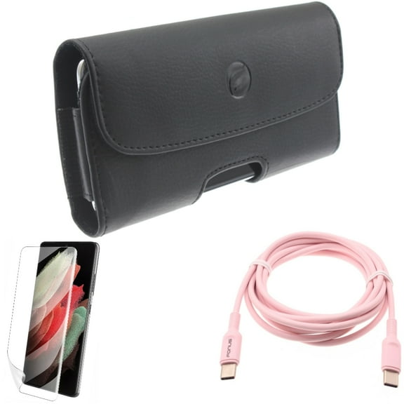 Pink 6ft Long Cable w Case Belt Clip w Matte Screen Protector for Samsung Galaxy S21 Plus - USB-C to Type-C PD Fast Charger, Leather Holster, TPU Film Anti-Glare Accessory Bundle