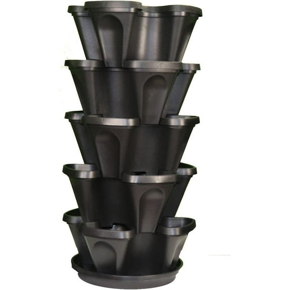 5-Tier 13 inch Strawberry and Herb Garden Planter - Stackable Gardening Pots with 10 Inch Saucer (Black)