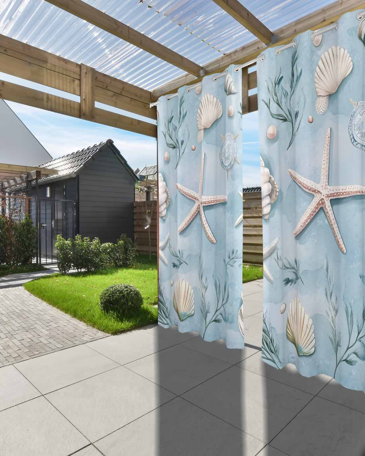 nqOlkjepod Outdoor Curtains for Patio Waterproof, Blue Coastal Starfish Outdoor Privacy Panels Grommet, Summer Beach Nautical Ocean Shell Blackout Outside Curtains for Porch/Cabana 54"x84", 2 Panels