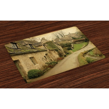 European Placemats Set of 4 British Town with Stone Houses Retro England Countryside Buildings Image Print, Washable Fabric Place Mats for Dining Room Kitchen Table Decor,Grey Green, by