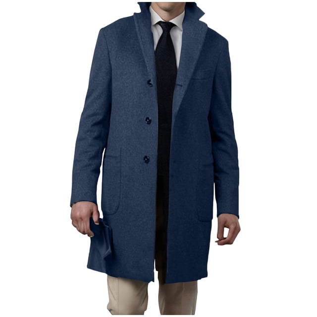Men's Casual Jacket - Button-Front Long Sleeve Coat with Pockets, Versatile Daily Polyester Outerwear for Fall and Winter, Standard Fit Solid Color Blazer