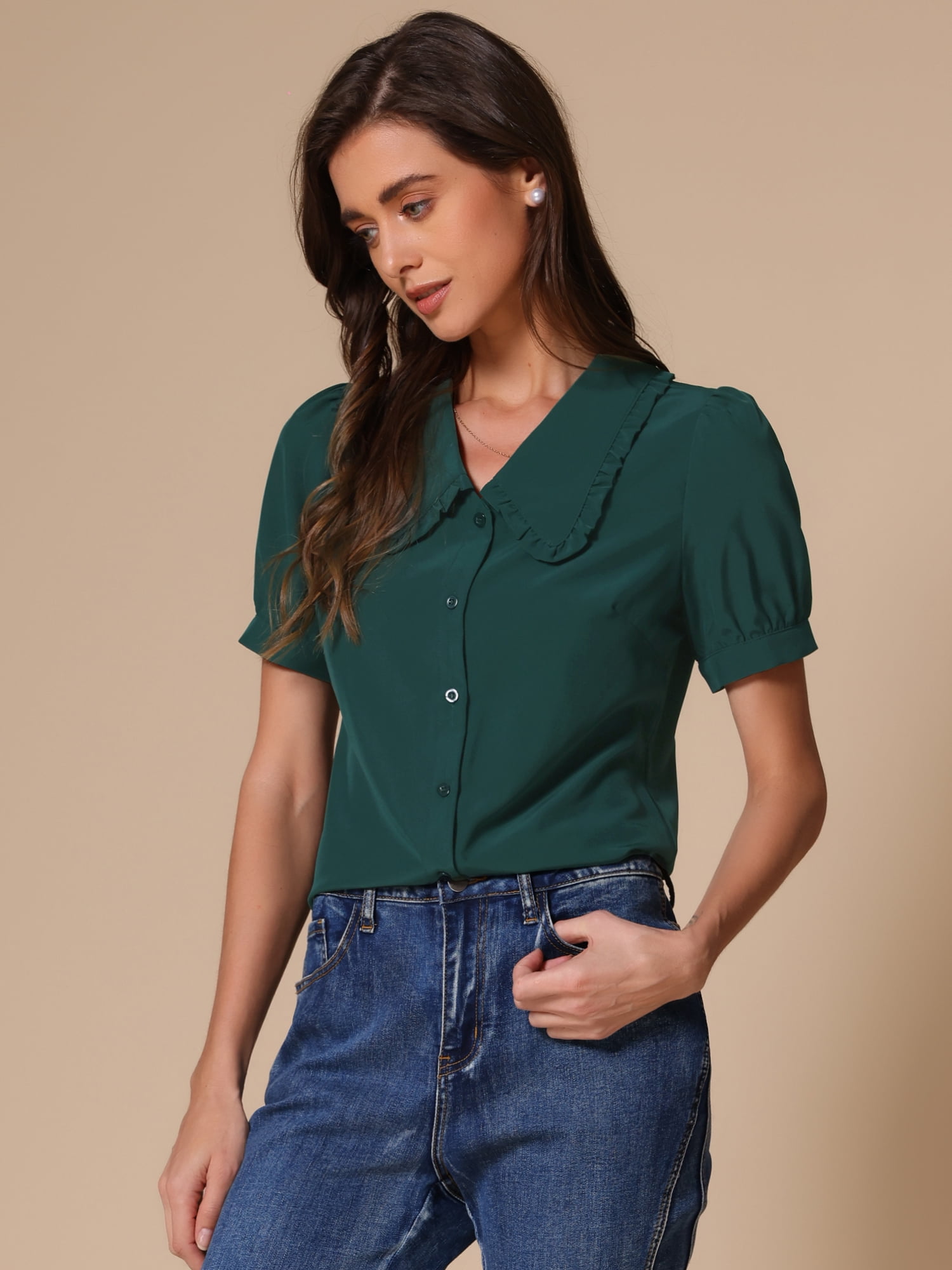 DARING DIVA Women's Peter Pan Collared Puff Short Sleeve Retro Blouse S Dark Green