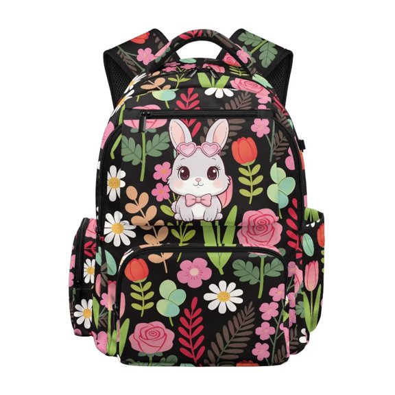 FKELYI 17 Inch Schoolbag for Kids Backpack Hippie Flower Rabbit Print Girls School Bookbag Casual Daypack with Multi-Pockets Travel Rucksack Lightweight Knapsack