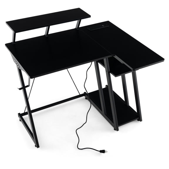 Yardi Yard L Shaped Gaming Desk with Outlets and USB Ports-Black, Computer Desk, Gaming Computer Desks for Study,Working,Writing