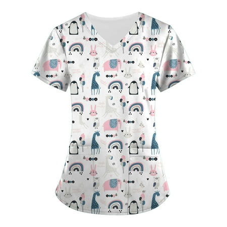 

Easter Scrubs Top for Women Workwear Revolution V-Neck Soft Stretch Shirts Casual Bunny Printed Lightweight T Shirts Uniform