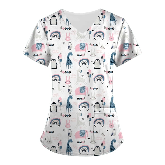 LSLJS Hauts à Manches Courtes à Col en V pour Femmes, Uniforme de Travail Imprimé avec Poche, Blouse, Hauts, Sarraus pour Femmes Grande Taille