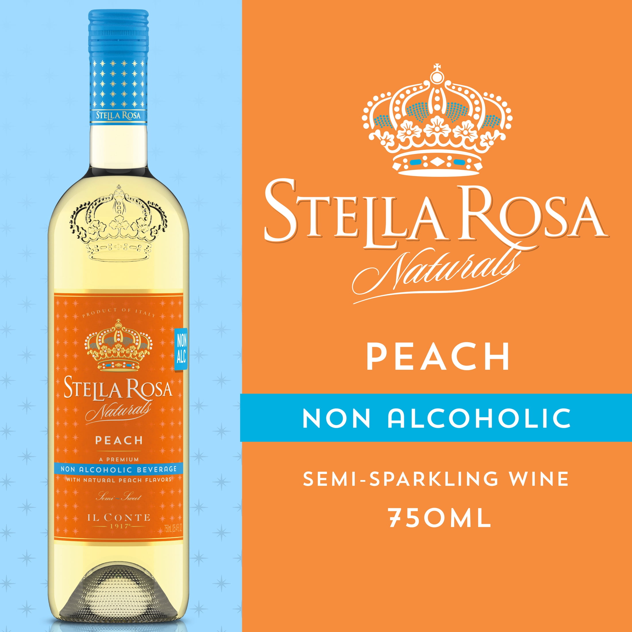 Stella Rosa Naturals Peach Non-Alcoholic Semi-Sweet Wine 750ml Glass Bottle Piedmont Italy