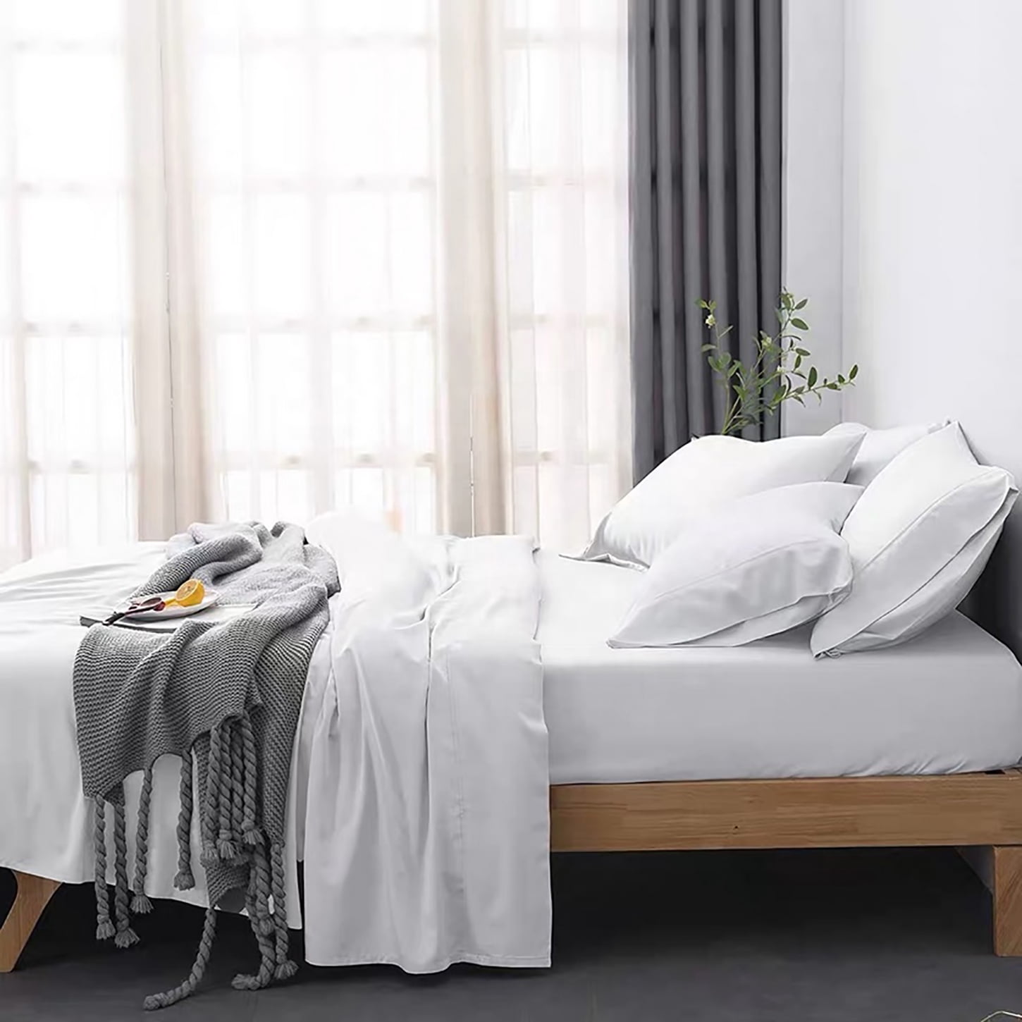 Bibb Home 300tc Rayon from Bamboo Viscose 4 Pc Sheet Set - 4 Colors - White - Queen