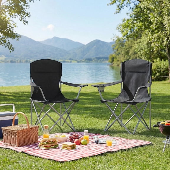 LEDREM 2-Pack Collapsible Camp Chairs, Heavy-Duty Outdoor Seating with Drink Holder, 330 lb Capacity, Portable for Garden Fishing, Black