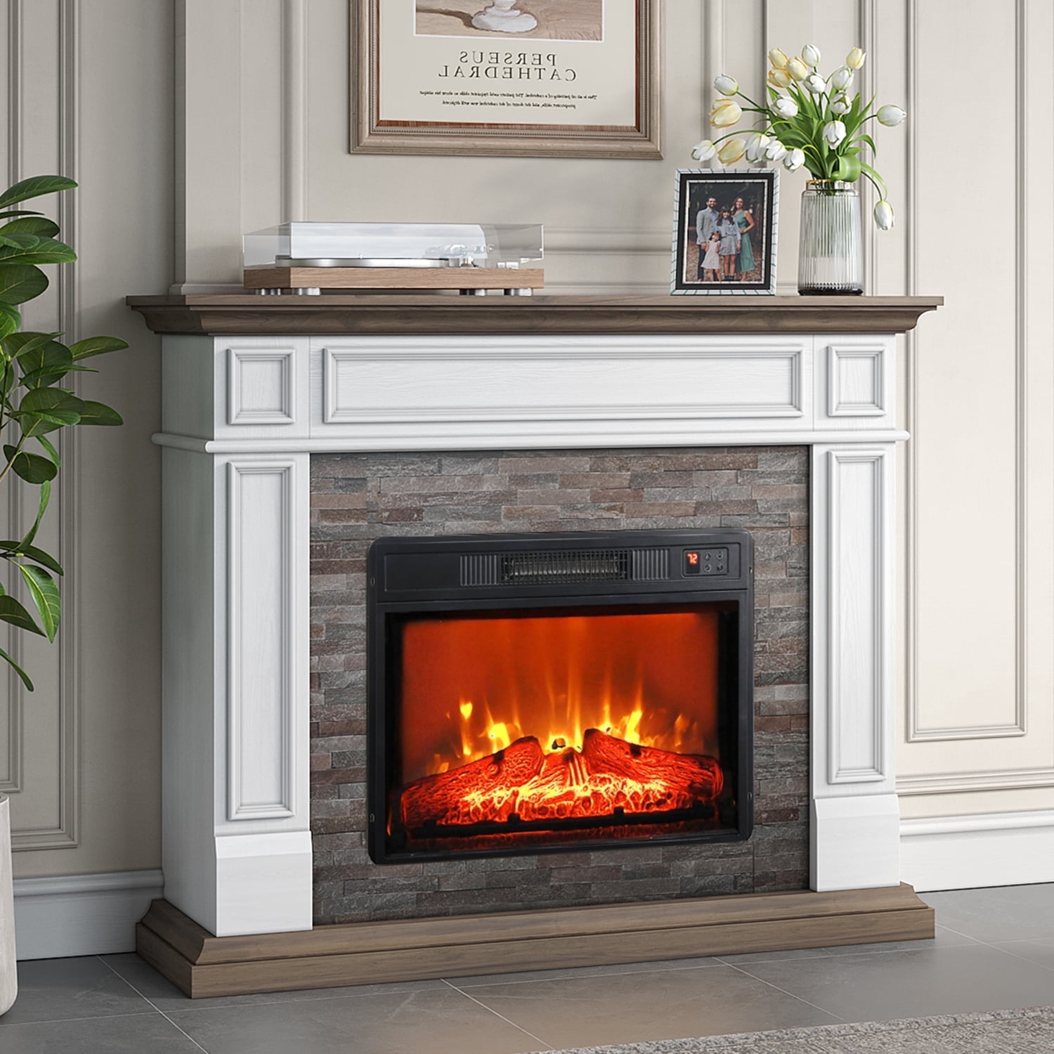 LGHM 44" Electric Fireplace with Mantel, Free Standing Fireplace Heater with Adjustable LED Flame for Living Room, Bedroom, Brown