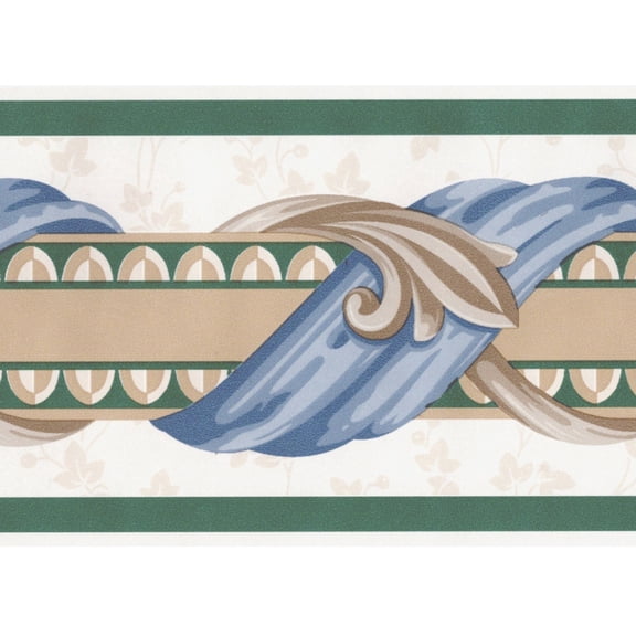 TRIMZ, Ribbon Drapery Scroll Architectural Trim, Wallpaper Border, Pre-pasted, 15 ft L x 4.1 in W, Blue, Green, Brown