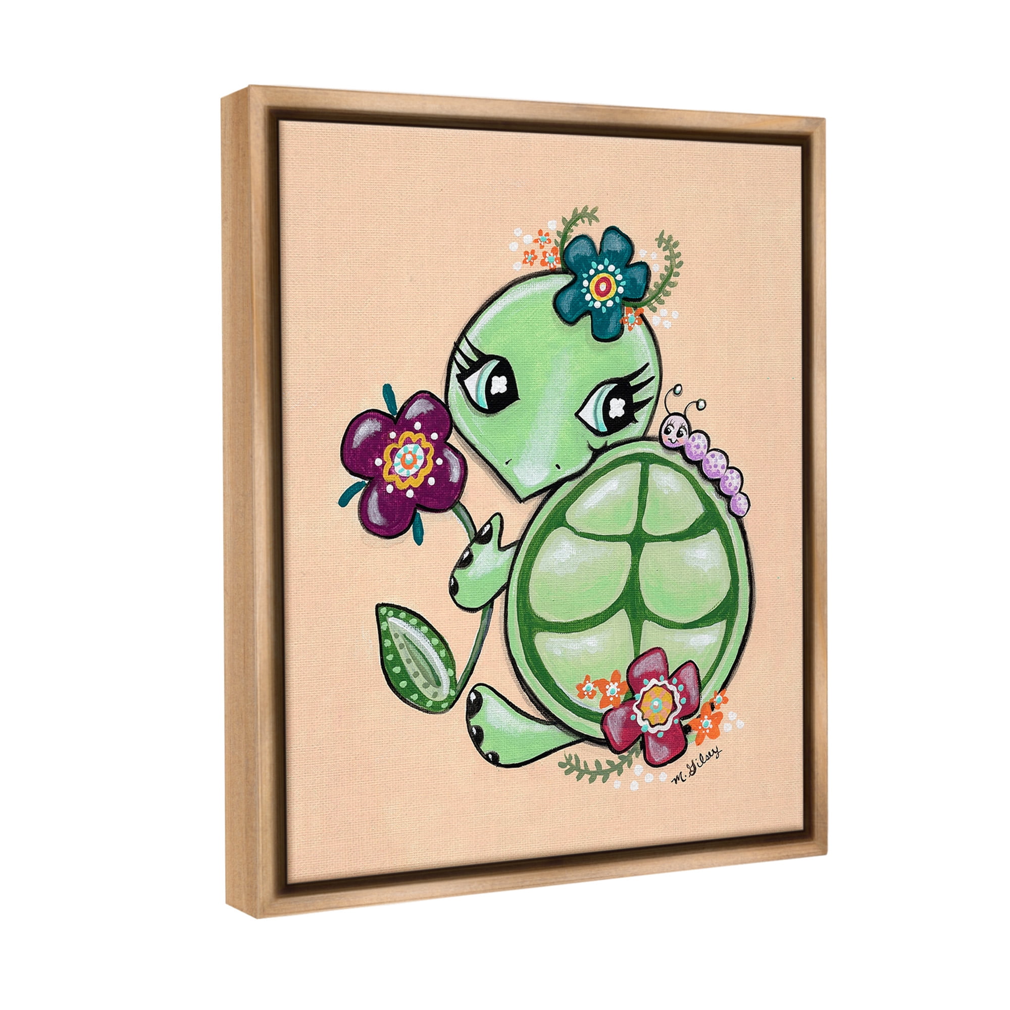 Stupell Industries Floral Blossom Turtle Animals & Insects Painting Brown Floater Framed Canvas Art Print Wall Art, 25 x 31