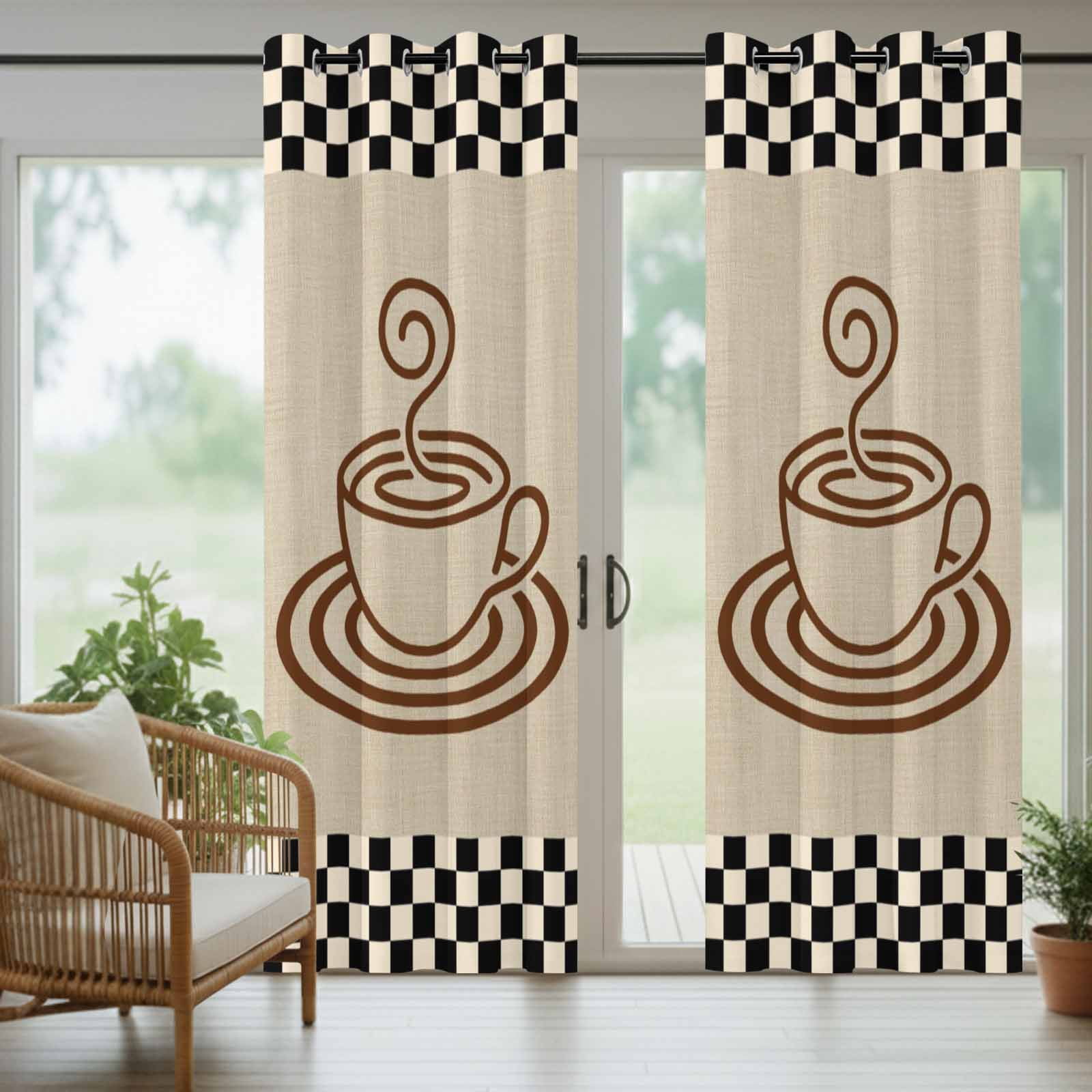Coffee Cup Outdoor Curtains for Patio, Retro Country Brown Lines Cup Linen Black Plaid Sunshade Privacy Drapes Grommet Waterproof Outside Curtains for Porch/Cabana/Balcony 54"x 108", 1 Panel