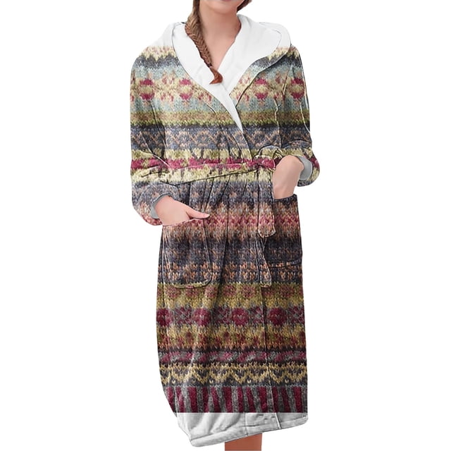 Jindong Peignoirs en Peluche pour Femmes Peignoir en Molleton en Peluche pour Femmes Long Chaud Peignoir en Peluche Veste de Détente Peignoir Imprimé Confortable Peignoirs pour Femmes
