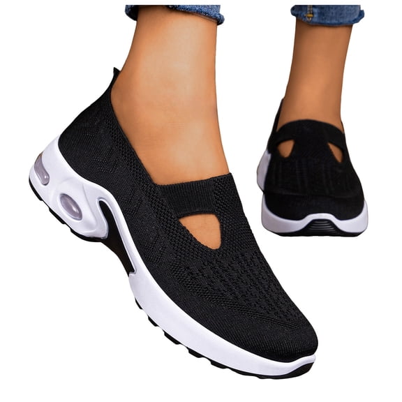 Rokment Womens Air Cushion Orthopedic Slip on Nursing Walking Shoes Spring Fall Knit Hollow out Non Slip Work Loafers Comfortable Arch Support Driving Tennis Sneakers Black Size 6