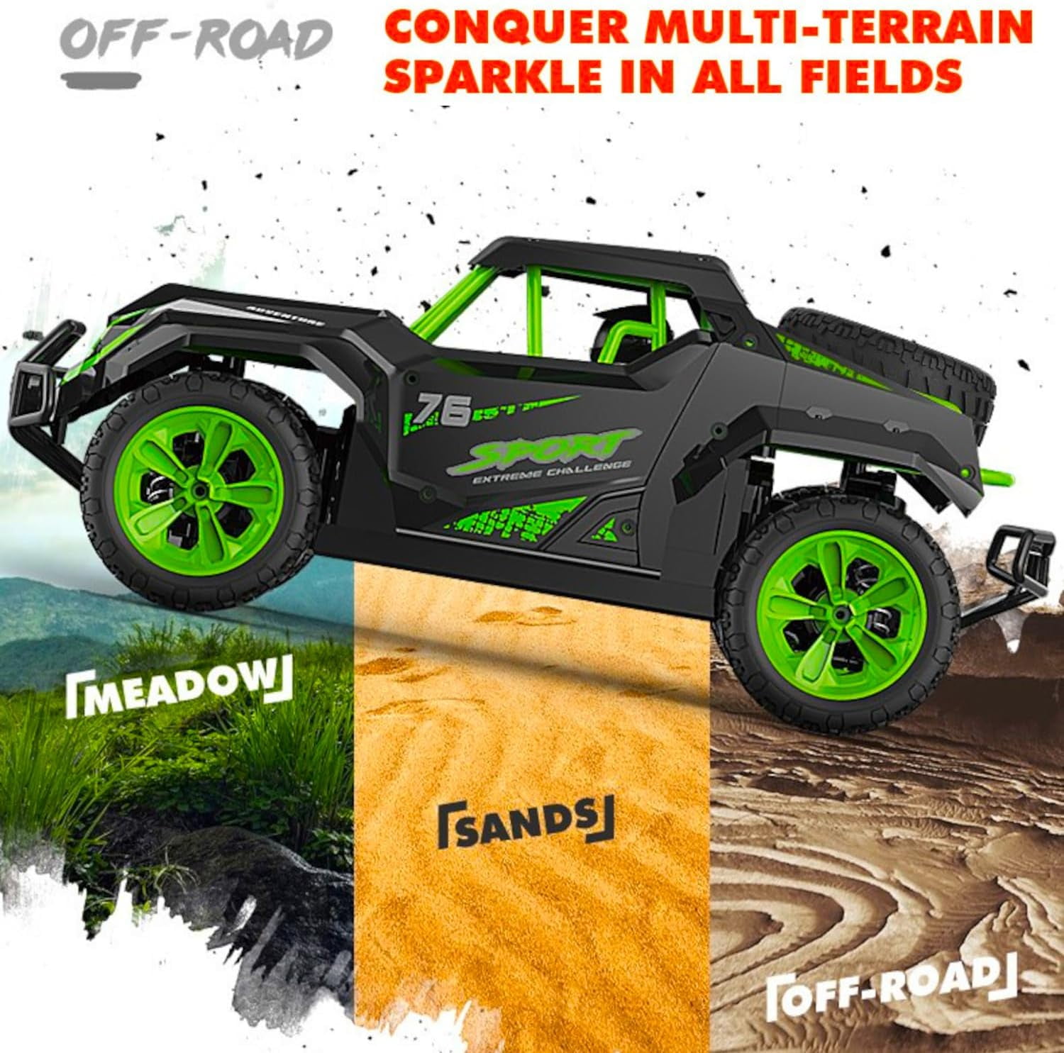 POCO DIVO 4WD Rally Car, 1/16 RC Off-Road Buggy, Radio Remote Control Racing Speed 25kmph Sports Vehicle, 12” All Terrain Toy LED UTV Adventure Truck with Spare Tire