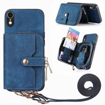 Wallet Case Compatible with iPhone XR, Classic PU Leather Zipper Pocket Car Key / Cash / Coin / Card Slots Shoulder Strap Kickstand Back Case for iPhone XR, Blue