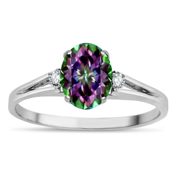 Star K � Oval 8x6 Rainbow Mystic Topaz Split Shank Three Stone Engagement Promise Ring