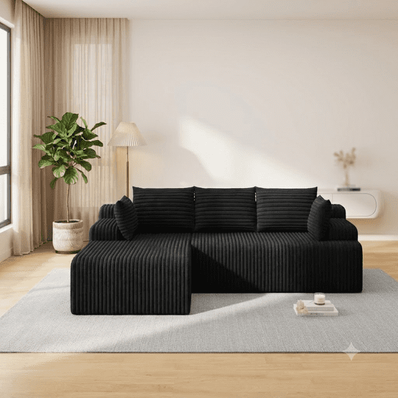 CANVORA Boneless Sectional Couch, No Assembly Required L Shaped Sofa with Deep Seat and Left Facing Chaise, Cloud Couch for Small Spaces Living Room, Black