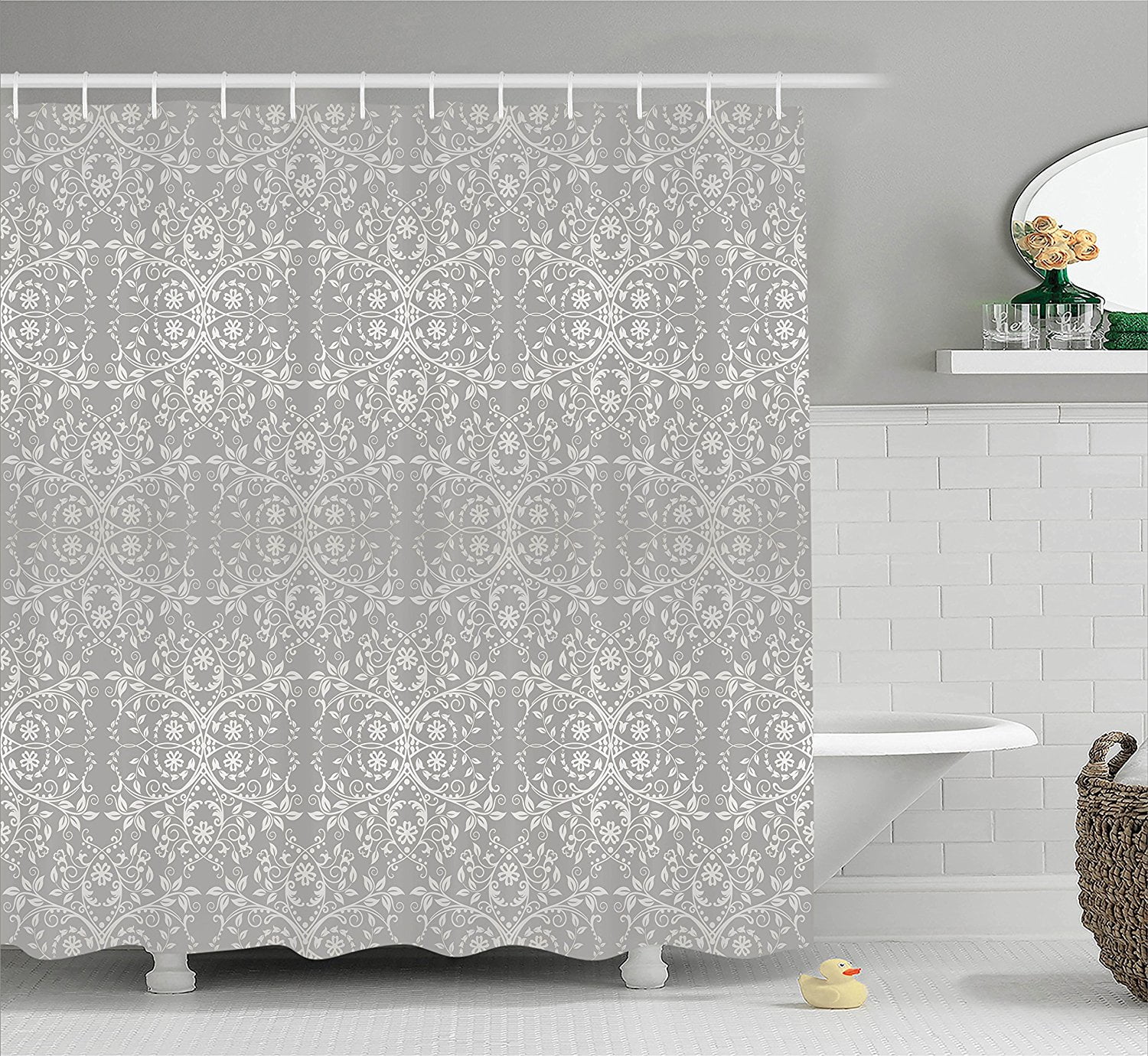 Grey Shower Curtain Decor by , Victorian Lace Flowers and Leaves in