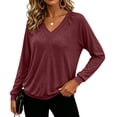 thumbnail image 4 of Qgtaibl V Neck Pullover Tops for Women Raglan Long Sleeve Solid Color Lounge Blouse Fall Loose Fit Stretchy Sweatshirts Wine XXL, 4 of 9