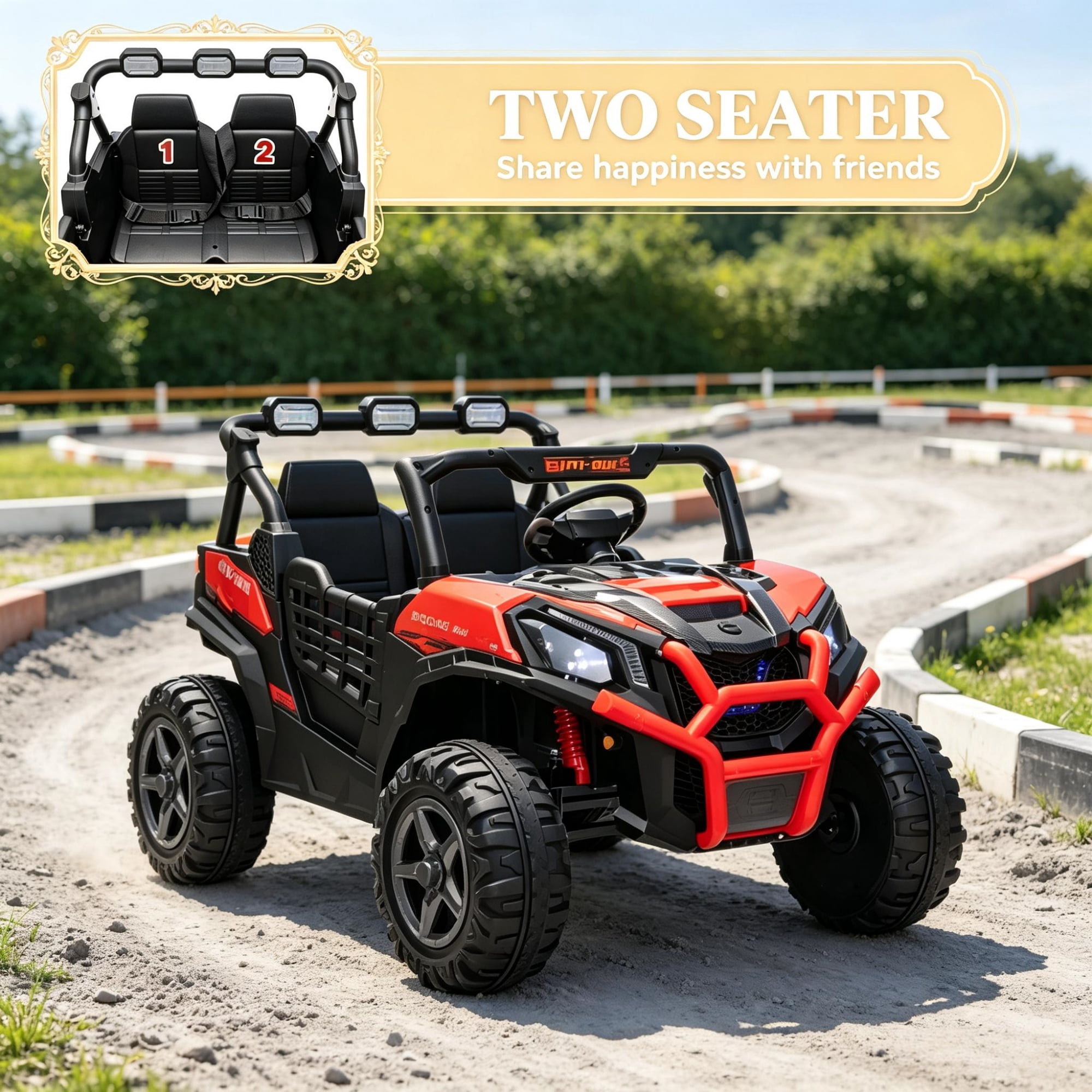 2 Seater 24V Kids Electric Car, Remote Control 3 Speed LED Lights Music Horn Spring Suspension Slow Start, Red