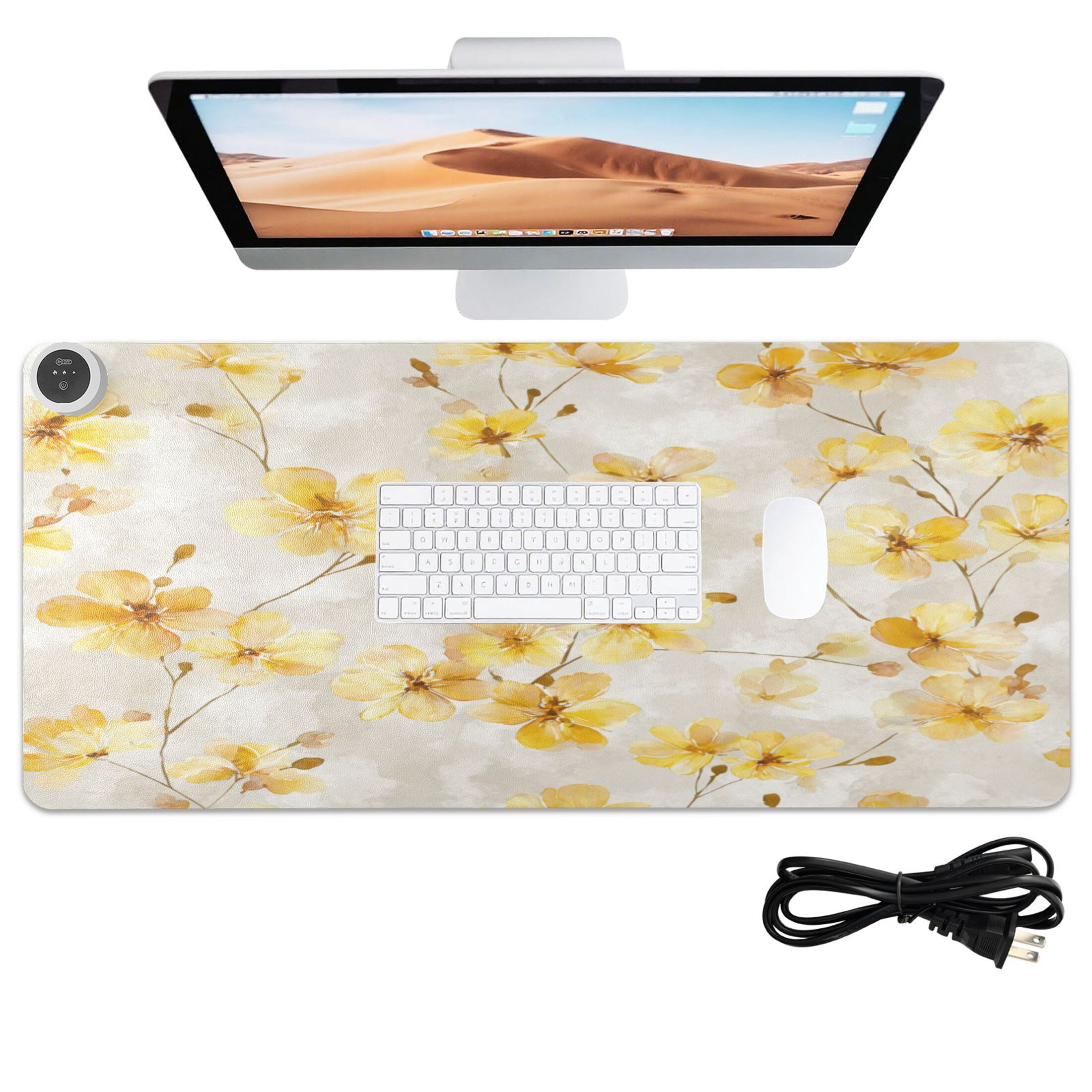 Large Heated Desk Mat Mouse Pad 31.5"x13"PU Leather Graphene Heating Desk Warmer with 3 Temperature Settings 110V US Plug Non-Slip Warm Pad for Home, Office, and Gaming Cream Yellow Watercolor Floral
