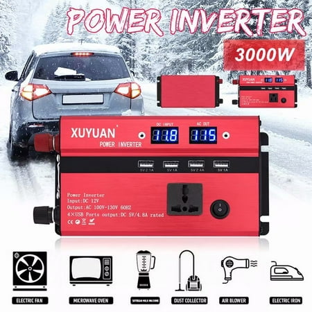 3000W Power Inverter DC12V to AC110V Sine Wave Convert for Home Car Outdoor Use & Camp Home with 4 USB Ports 1 Sockets Camp