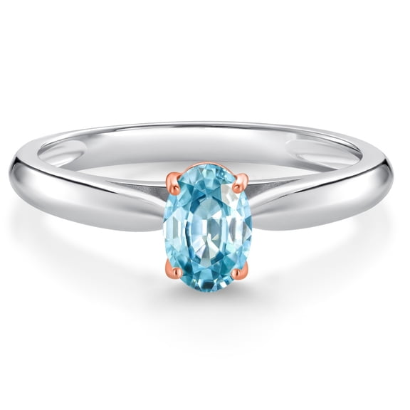 Gem Stone King 925 Sterling Silver and 10K Rose Gold Prongs Blue Zircon Solitaire Engagement Ring for Women (0.65 Cttw, Oval 6X4MM, Gemstone December Birthstone, Available in Size 5, 6, 7, 8, 9)