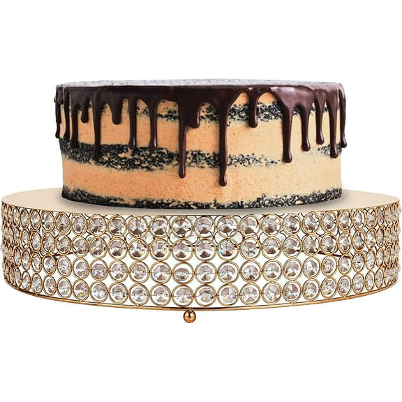 Simply Elegant - 10” Round Crystal Bead Cake Stand, Large Cake, Dessert Cupcake Pastry Candy Display Plate for Wedding Event Birthday Party Celebration - Gold