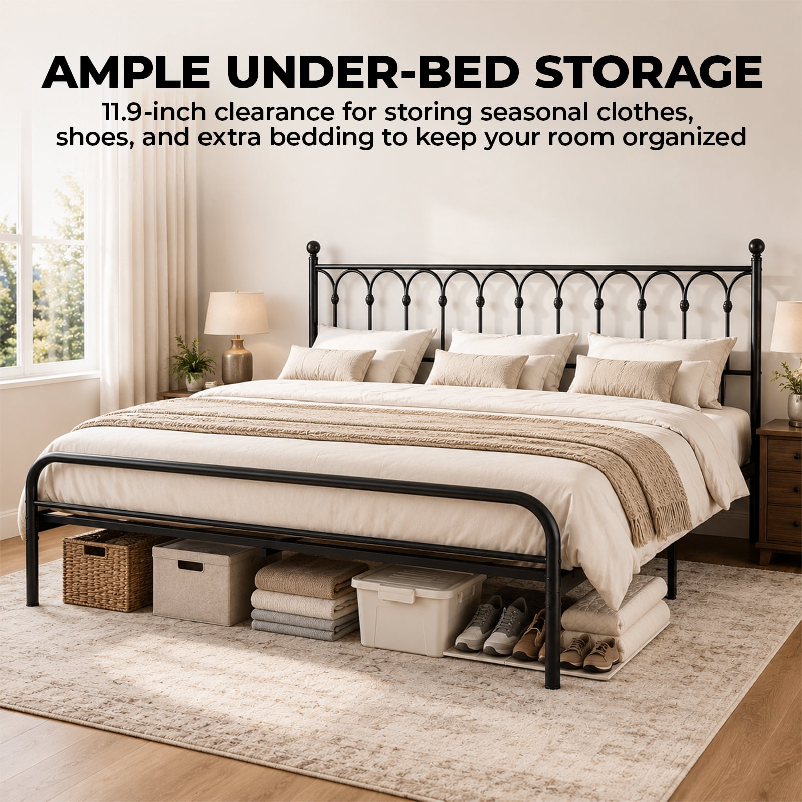 Alvantor Metal Platform Bed Frame, Classic Iron Art Headboard & Footboard, Stable & Noiseless, 11.9 Inch Under Bed Storage, No Box Spring Needed, Easy Assembly, Black