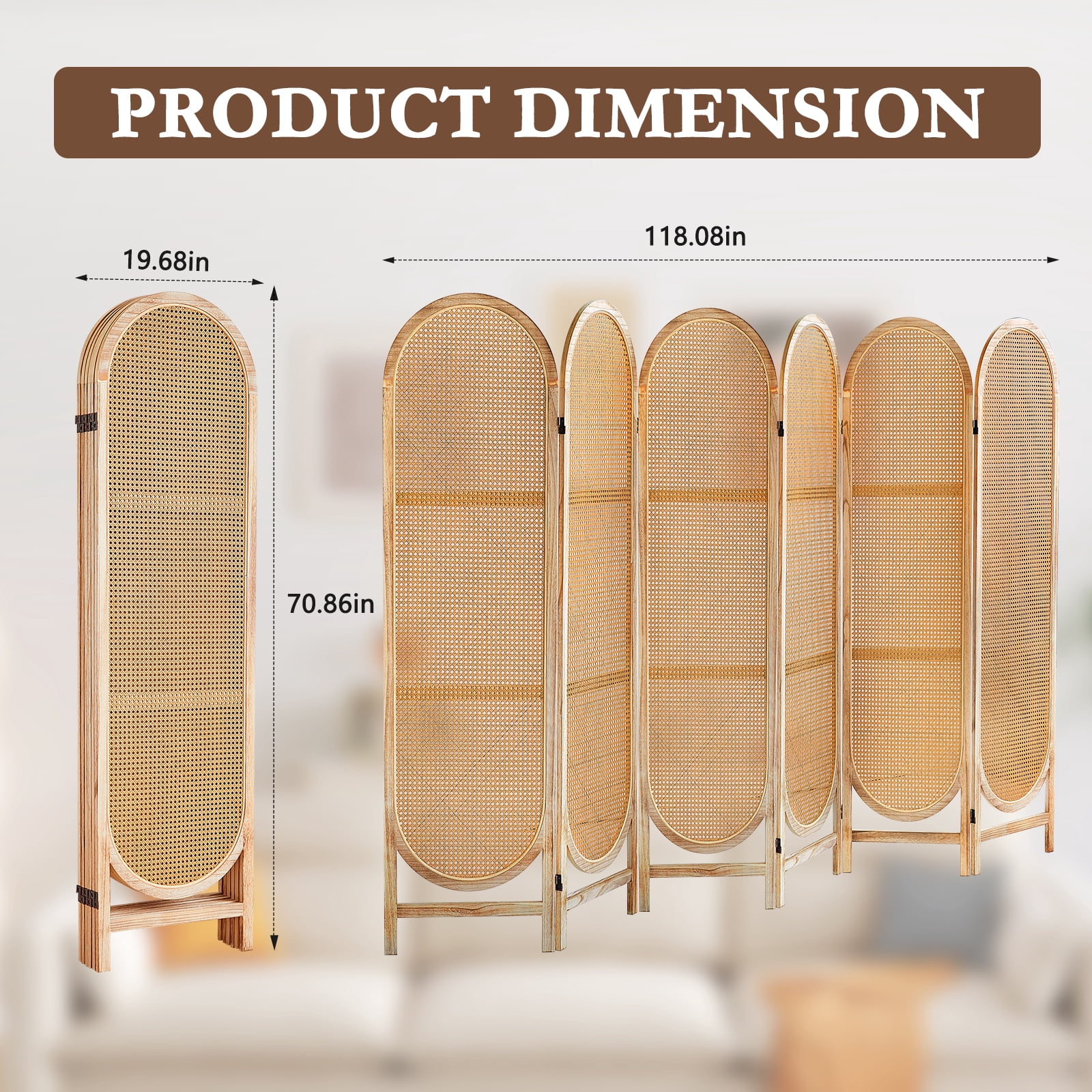 ALeesing 6 Panels Wood Rattan Room Divider, Folding Privacy Screens, No Installation, Light Brown