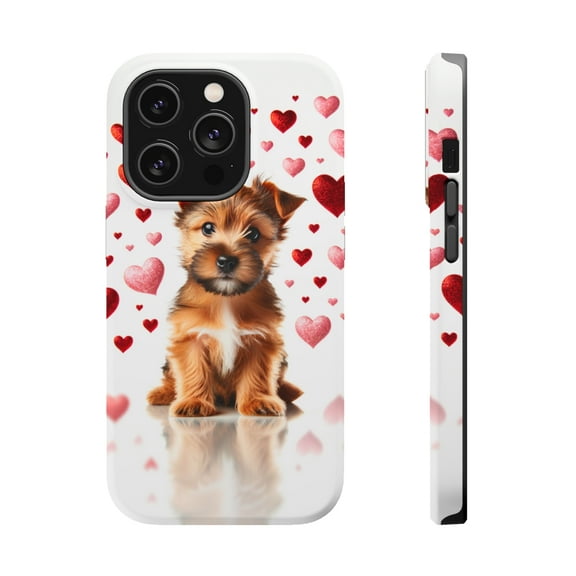 DistinctInk Tough Case for Apple iPhone 15 PRO (6.1" Screen), Compatible with MagSafe Charging - Valentine's Day Norwich Terrier Puppy