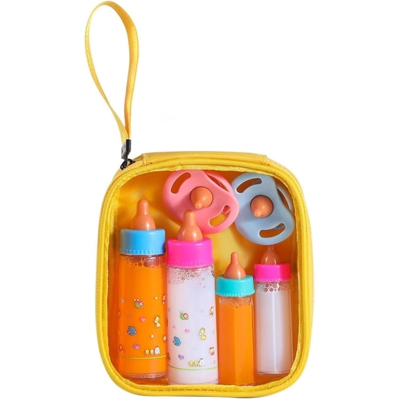 Baby Doll Bottle Accessories - 6 Pcs Bottle Toys, Magic Disappearing Milk & Juice, Pretend Play Set with Pacifiers Kids Gift Yellow