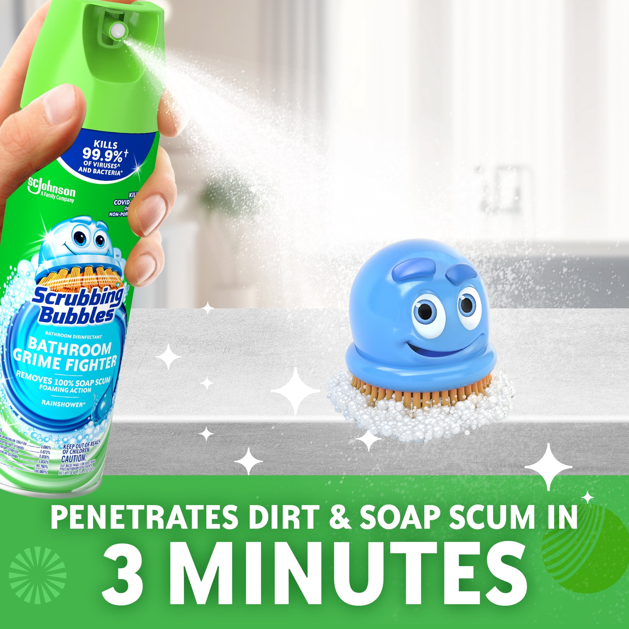 Scrubbing Bubbles Disinfectant Bathroom Shower & Tub Cleaner Grime Fighter Aerosol Spray, Rainshower, 20 oz