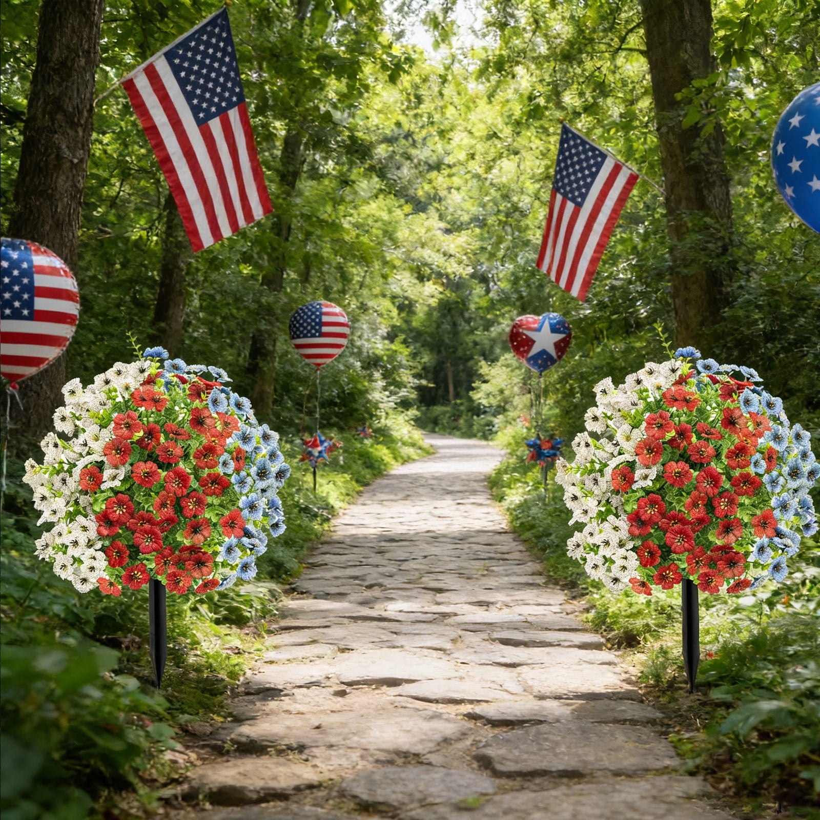 Bcylexb 4th of July Patriotic Artificial Flowers for Outdoors, UV Resistant Realistic Fake Flowers with Stake for Independence Day Indoor Home Garden Decor