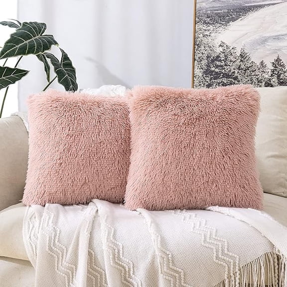 Eryueer Faux Fur Christmas Cushion Covers Fluffy Throw Pillow Case Soft Decorative Square Cute Pillow Plush Case For Livingroom Sofa Bedroom 16 x 16 Inch 40 x 40cm Leather Powder Pack of 2