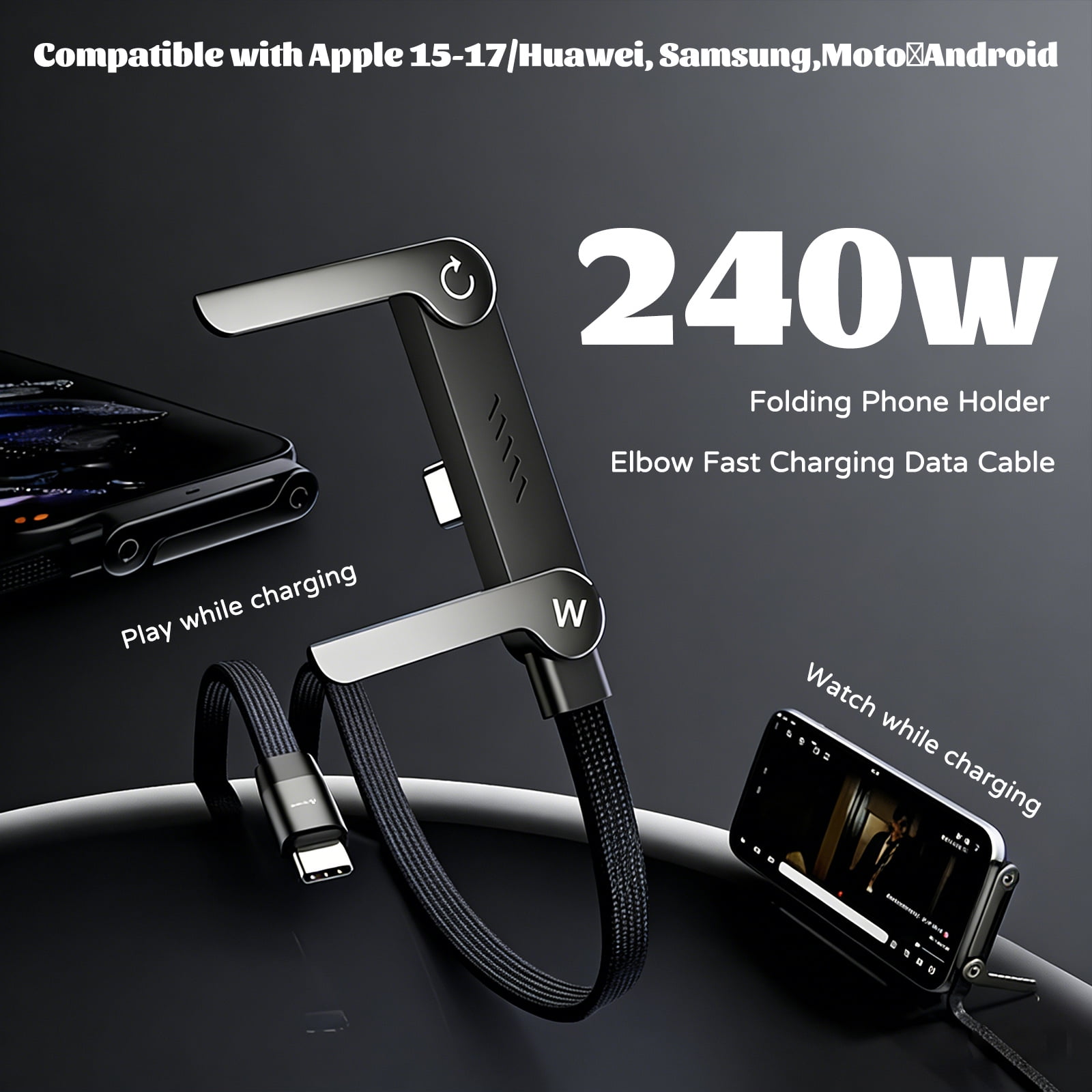 2-in-1 Invisible Holder Charger Cable – Fast Charging Cord with Built-in Phone Stand, 240W Super Fast Charging Cord with Built-in Folding Phone Stand, Type-C Cable for iPhone Gaming(2PC)
