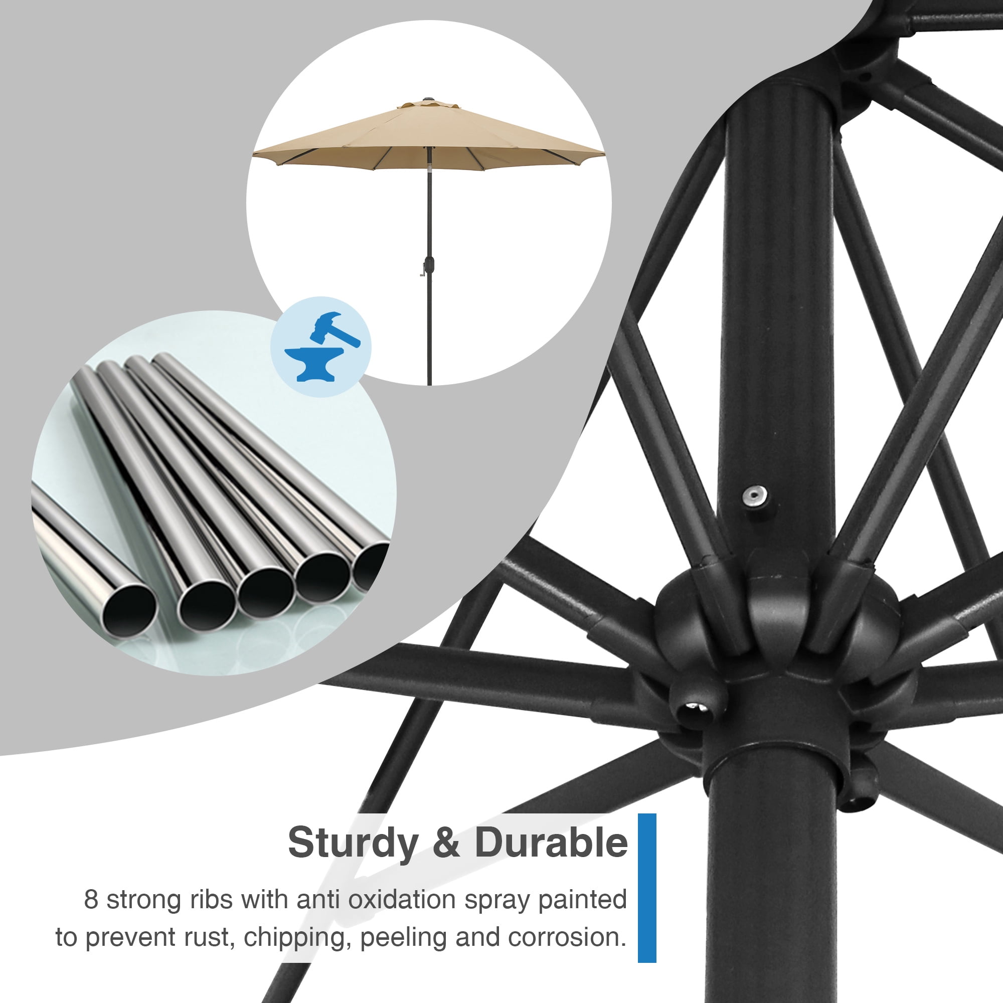 Kool 10FT Outdoor Patio Umbrella with Push Button Tilt and Crank Handle, Market Umbrella with 8 Sturdy Umbrella Ribs, Tan