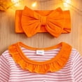 thumbnail image 6 of eczipvz Baby Girl Striped Waffle Knit Romper Set, Pumpkin Embroidery Ruffle Long Sleeve Jumpsuit with Matching Bow Headband, Fall Infant Outfit Orange 12-18 Months, 6 of 9