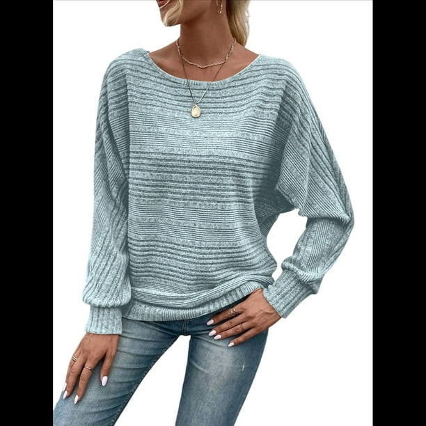 Blusas de Larga Suaves para Mujer, Cuello Redondo, Estilo Jersey, Informales, de Punto, con de Murciélago, Grandes, 2025 Azul XXXL