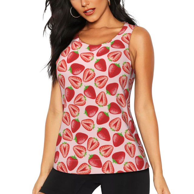 Fotbe Cute Strawberry Blusas Sin Mangas para Mujer – Estilo Casual, Corte Suelto, Slim-Fit, Cuello Redondo Deportivo, Tops de Verano para Gimnasio y Yoga-XX-Large